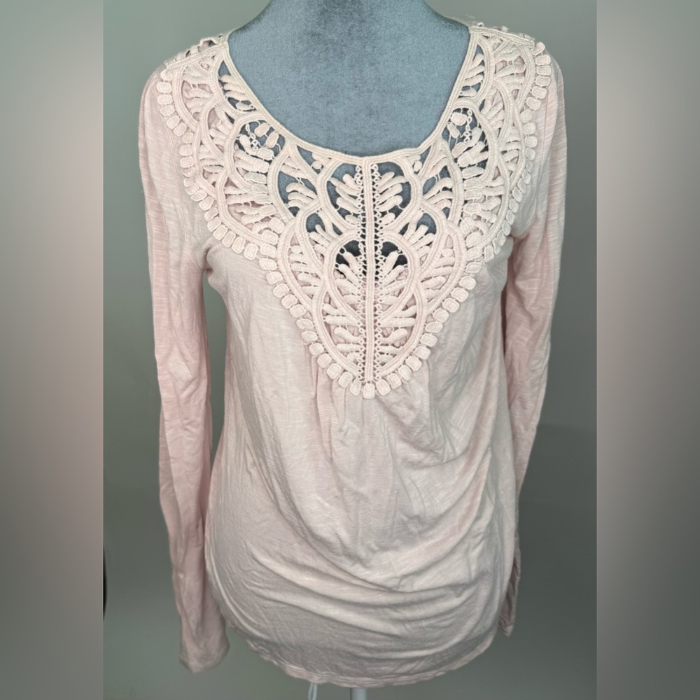 Meadow Rue by Anthropologie Blush Lace Inset Long Sleeve Top Size Small